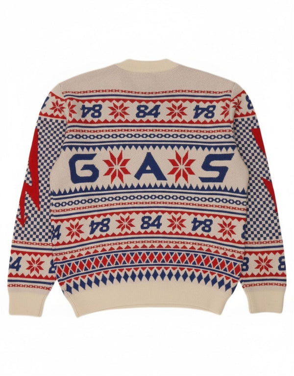 Gas Herre Grafisk Crew Neck Jumper Sweater Large White Fair Isle Virgin Wool