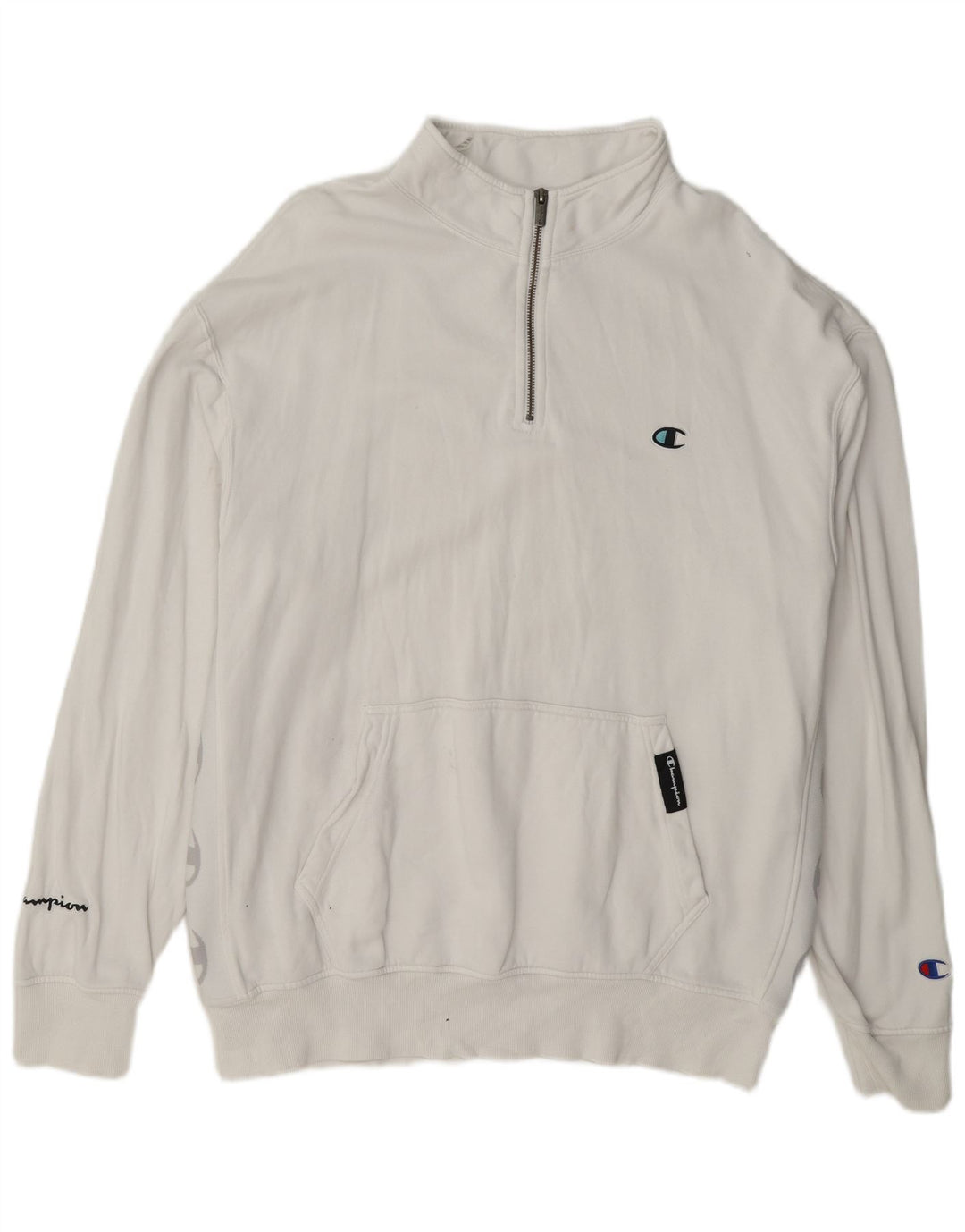 Champion Herre Zip Neck Sweatshirt Jumper Stor Hvid Bomuld
