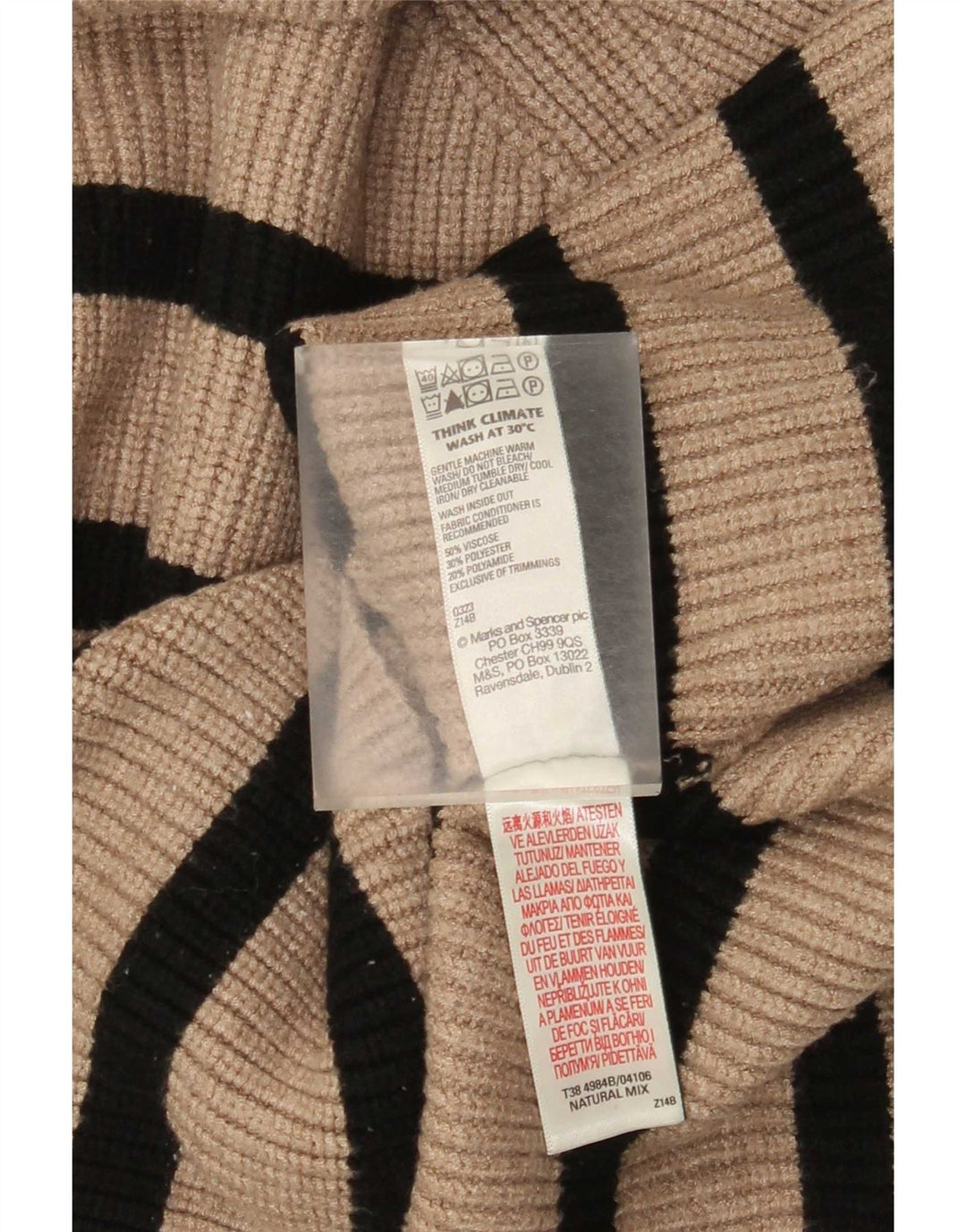 Marks & Spencer Dame Rullehals Sweater UK 12 Medium Beige Stribet