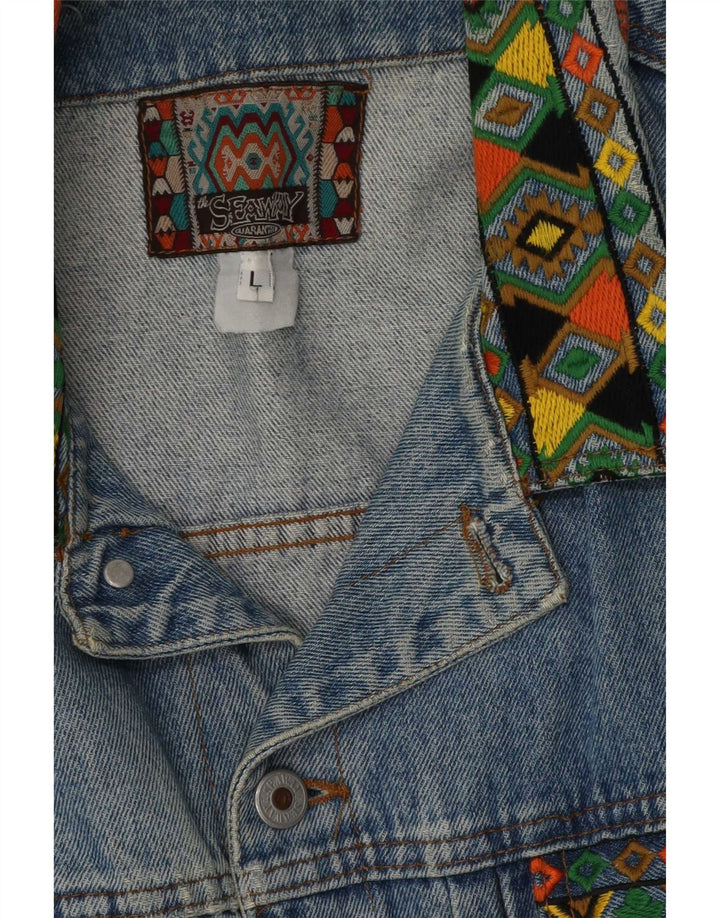 The Seaway Mens Retro Denim Jacket UK 40 Large Blue Geometric 80s
