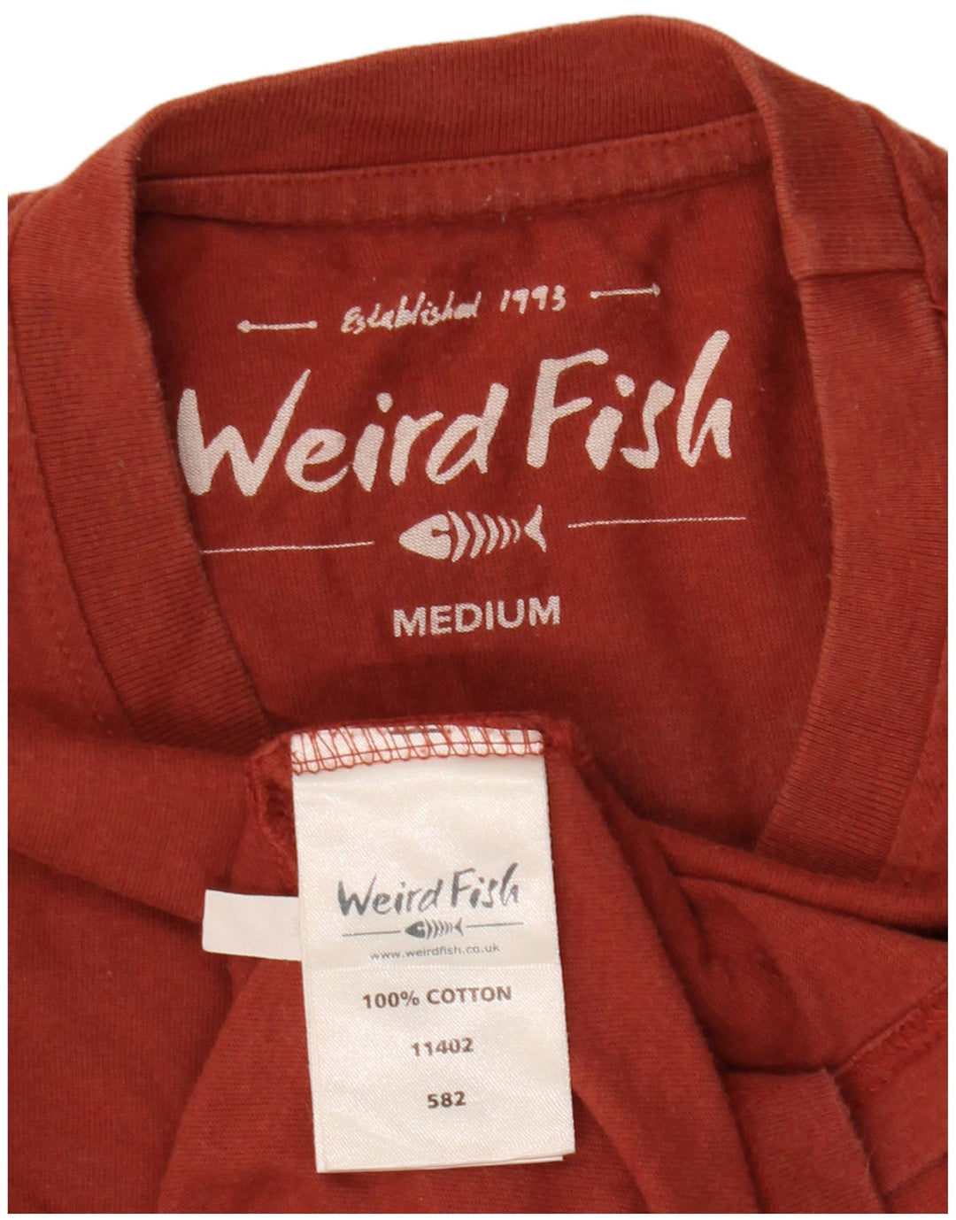 Weird Fish Herre grafisk T-shirt Top Medium rødbrun bomuld