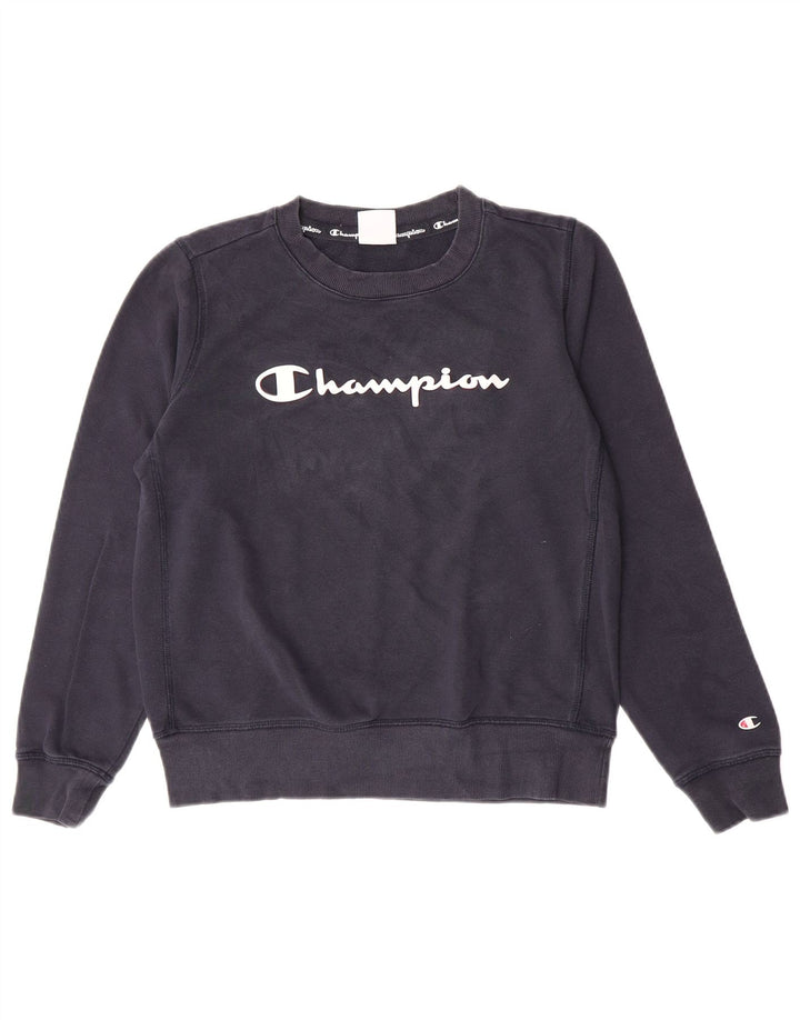 Champion Dame Grafisk Sweatshirt Jumper UK 14 Medium Navyblå Bomuld