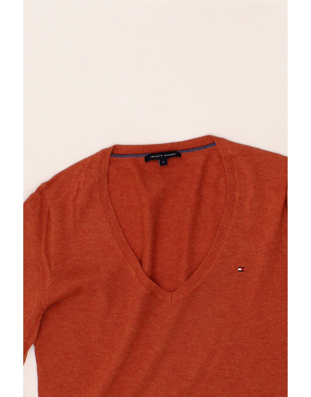 TOMMY HILFIGER Womens V-Neck Jumper Sweater UK 10 Small Orange Wool Vintage Tommy Hilfiger and Second-Hand Tommy Hilfiger from Messina Hembry 