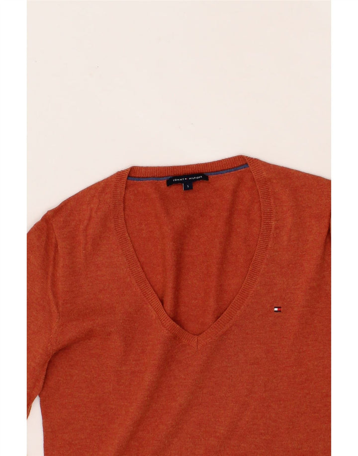TOMMY HILFIGER Womens V-Neck Jumper Sweater UK 10 Small Orange Wool Vintage Tommy Hilfiger and Second-Hand Tommy Hilfiger from Messina Hembry 