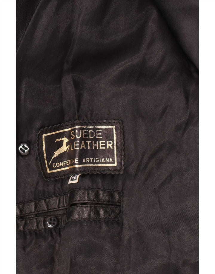Vintage Herre Læder Pea Coat IT 48 Medium Sort Klassisk