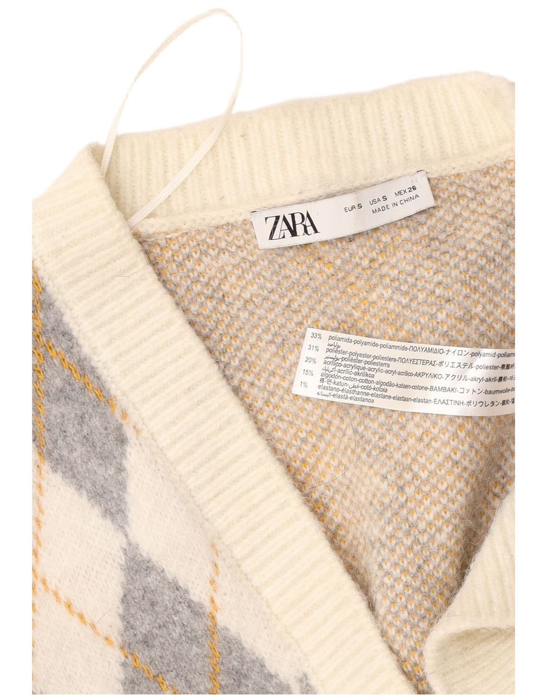 Zara Kvinders Oversized Cardigan Sweater UK 10 Small Off White Argyle/Diamond