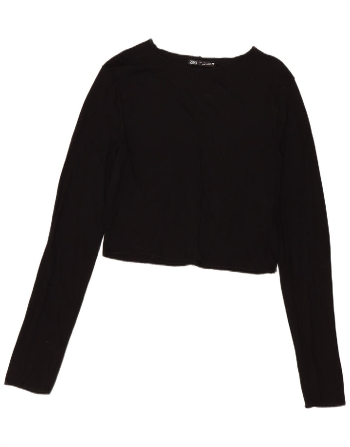 Zara Womens Crop Top Langærmet UK 14 Large Black Viscose
