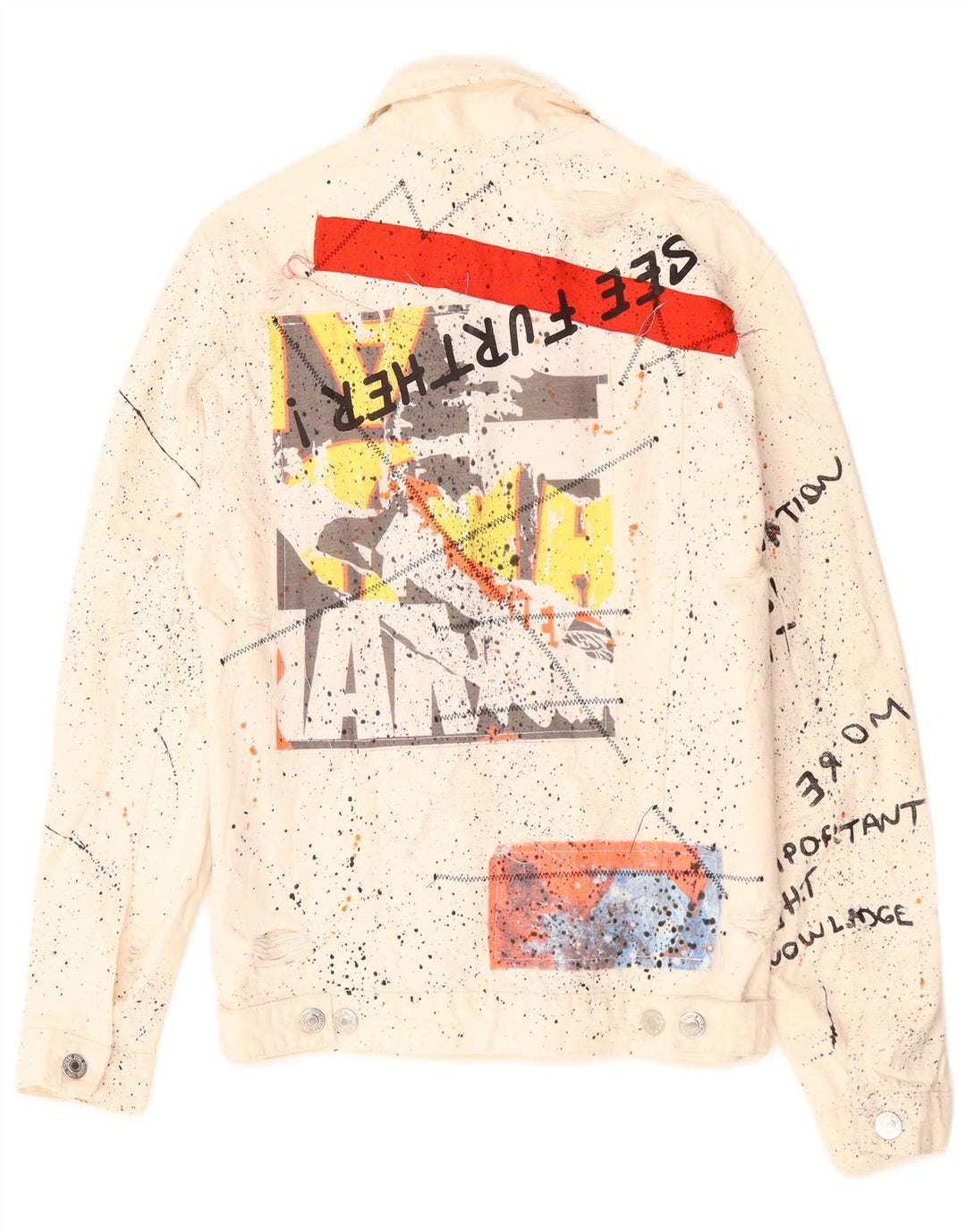 Zara Herre grafisk denimjakke UK 36 Small White Flecked Bomuld