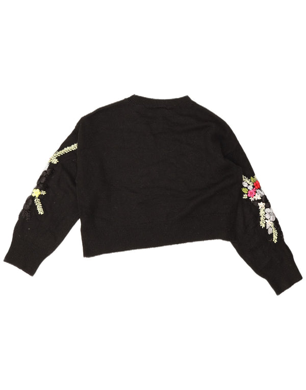 Topshop Dame Crop Boat Neck Jumper Sweater UK 10 Small Black Floral