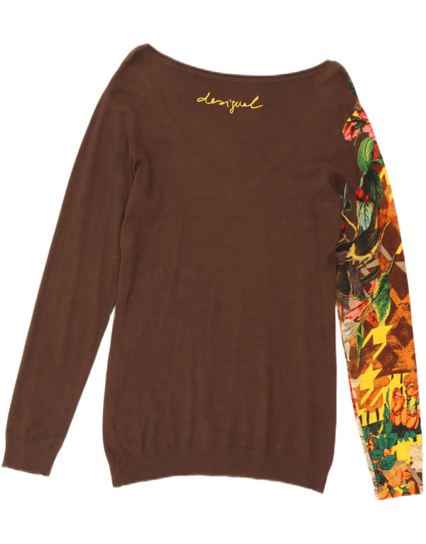 Desigual Dame V-hals Jumper Sweater UK 14 Large Brown Floral