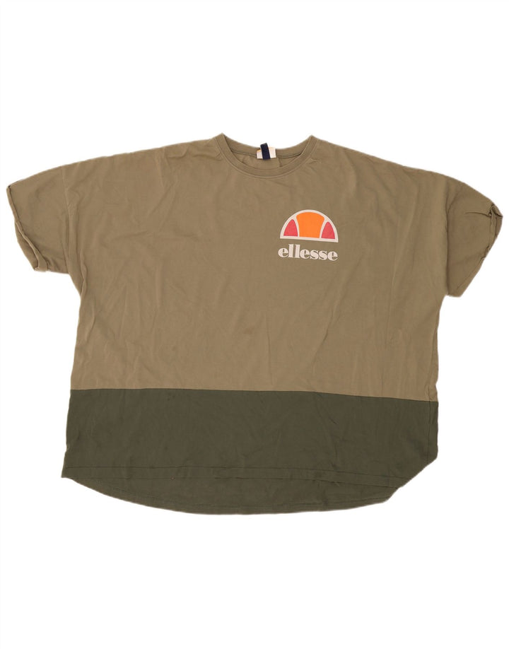 Ellesse Kvinder Oversized Grafisk T-Shirt Top UK 12 Medium Khaki Colourblock