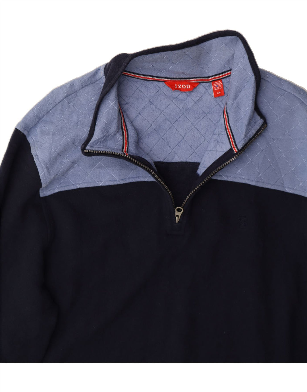 IZOD Mens Zip Neck Sweatshirt Jumper Large Navy Blue Colourblock Cotton Vintage Izod and Second-Hand Izod from Messina Hembry 