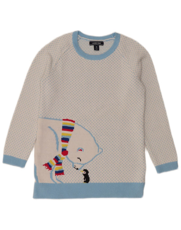 Lands End Girls Boat Neck Jumper Sweater 10-11 År Mellem Hvid Plettet