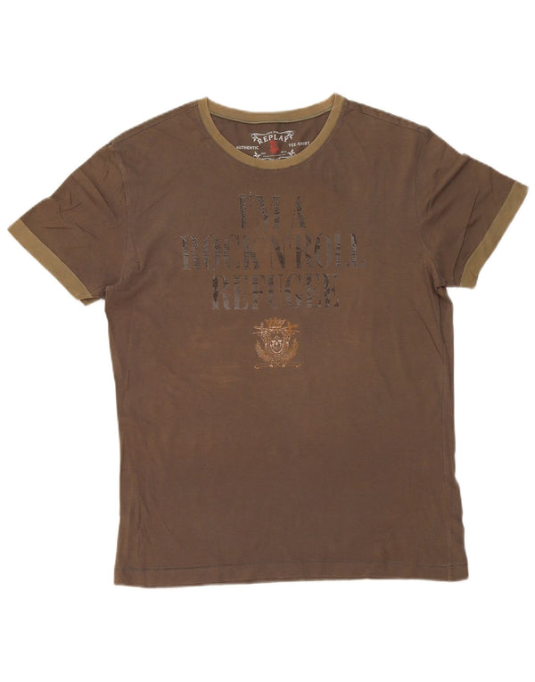 Replay Herre grafisk T-shirt Top Large Khaki Cotton