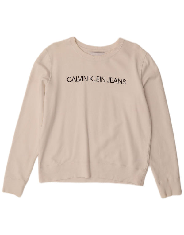 Calvin Klein Jeans Dame Grafisk Sweatshirt Jumper UK 14 Medium White