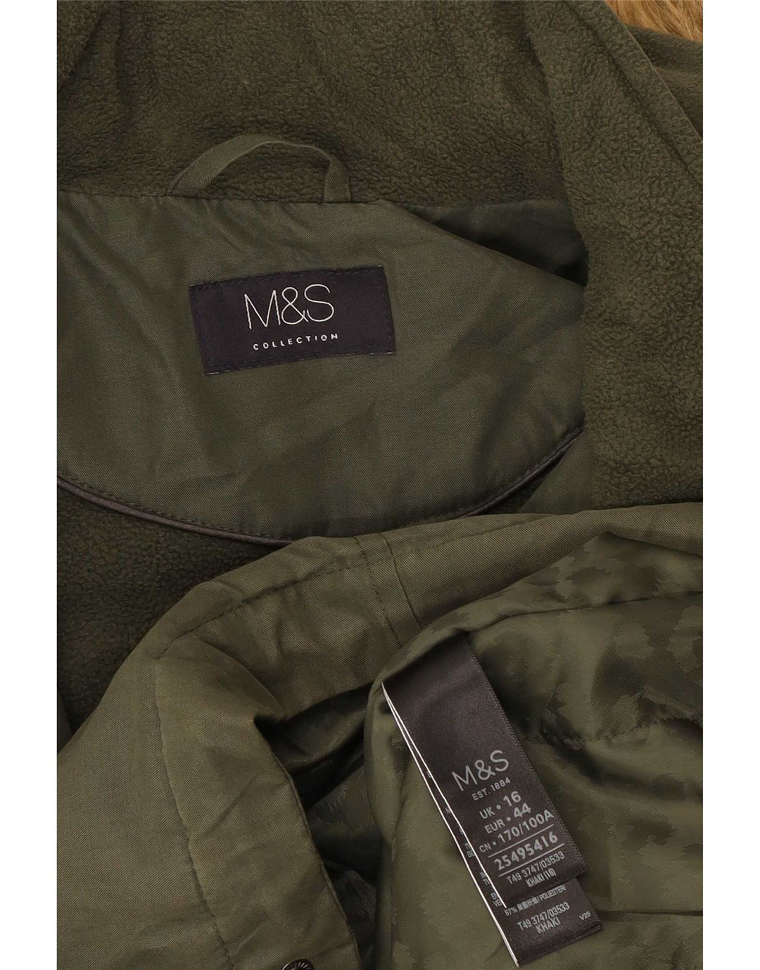 Marks & Spencer Dame Parkajakke med hætte UK 16 Stor Khaki Polyester