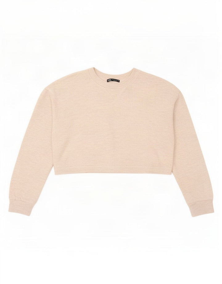 Zara Womens Crop Oversized Top Langærmet UK 10 Small Beige Polyester