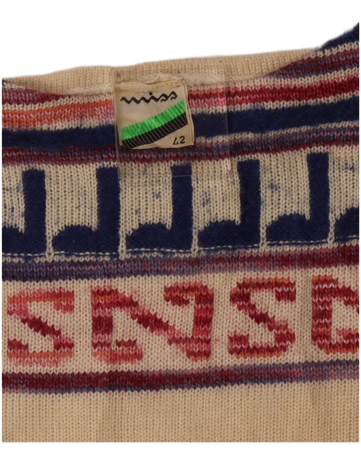VINTAGE Dame Boat Neck Sweater IT 42 Medium Off White Geometrisk