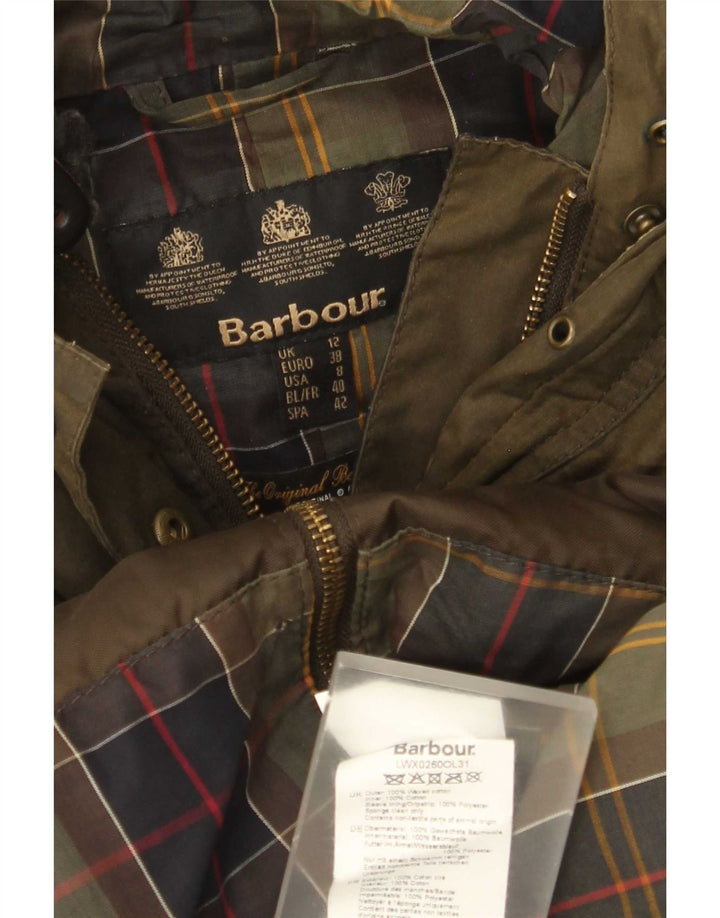 Barbour Dame Hætte Vokset Bomuldsjakke UK 12 Medium Khaki