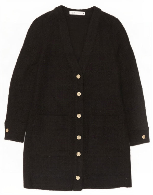 Zara Womens Longline 3/4-ærmet cardigantrøje UK 6 XS Sort ternet