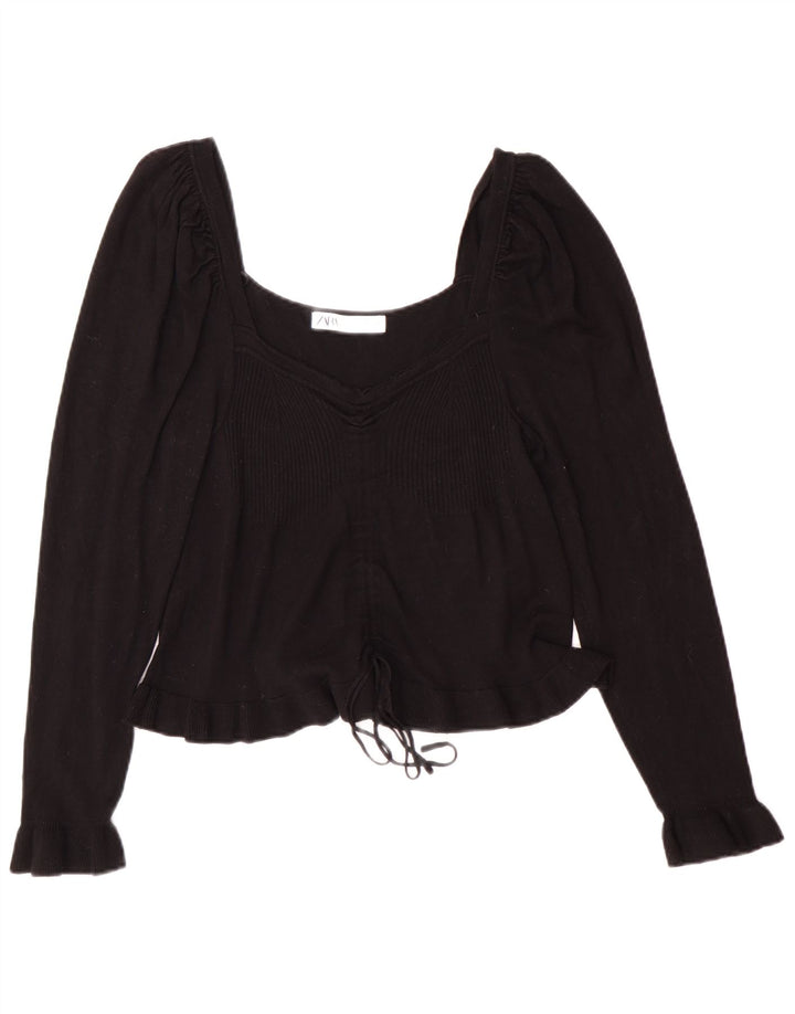Zara Womens Crop Top Langærmet UK 14 Large Black Viscose