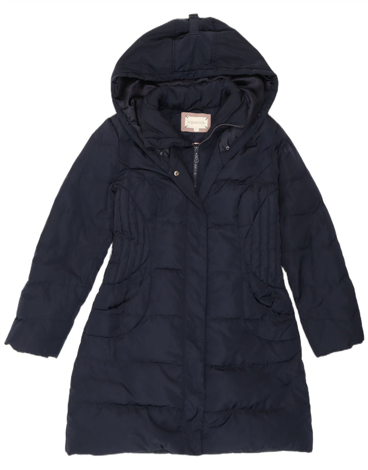 MONSOON Dame Hooded Polstret Frakke UK 14 Medium Navy Blue Polyester
