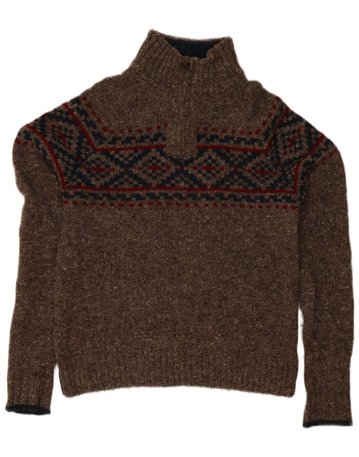 Fat Face Herre Zip Neck Jumper Sweater Medium Brown Fair Isle Wool