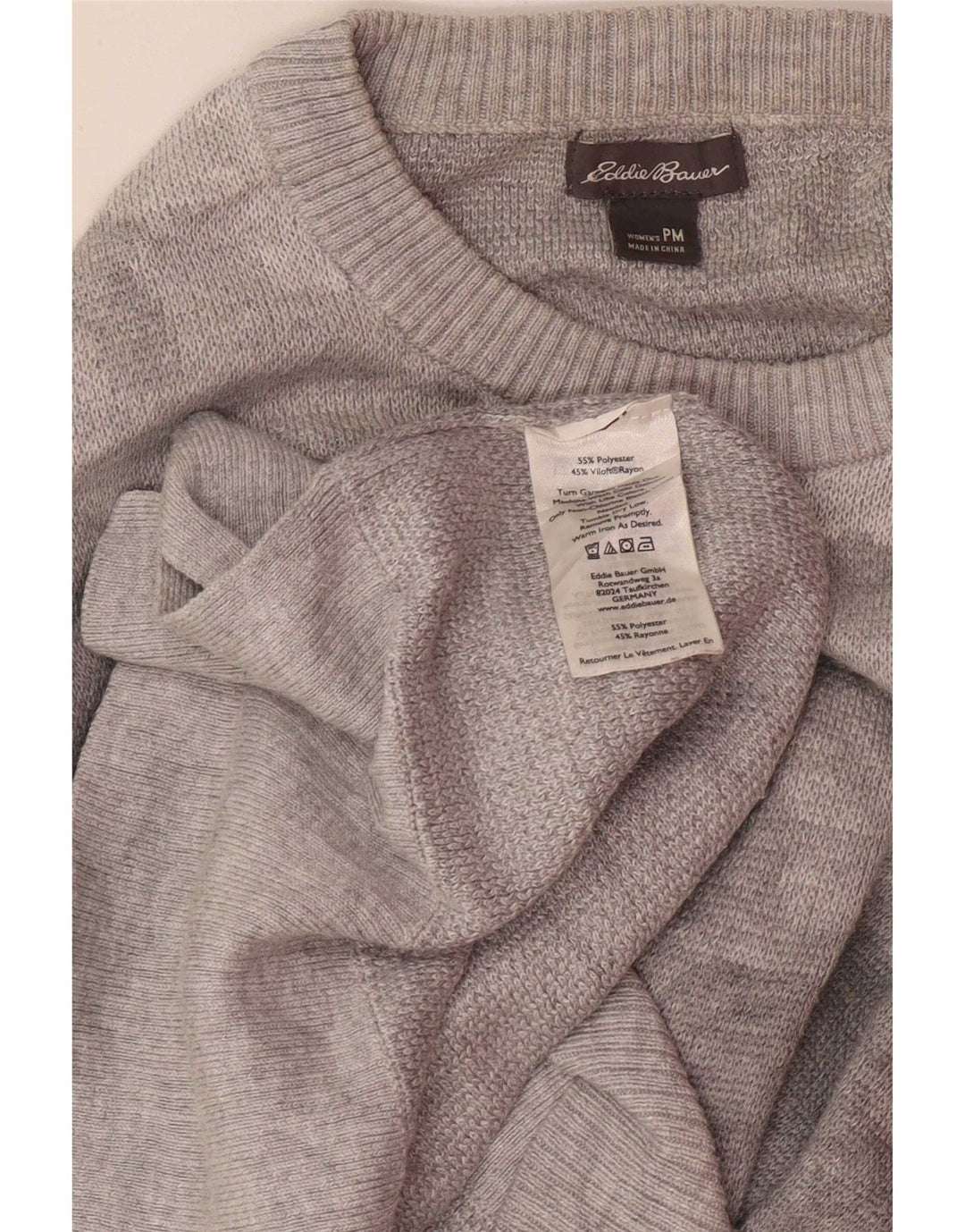 Eddie Bauer Dame Petite Crew Neck Jumper Sweater UK 14 Medium Grey