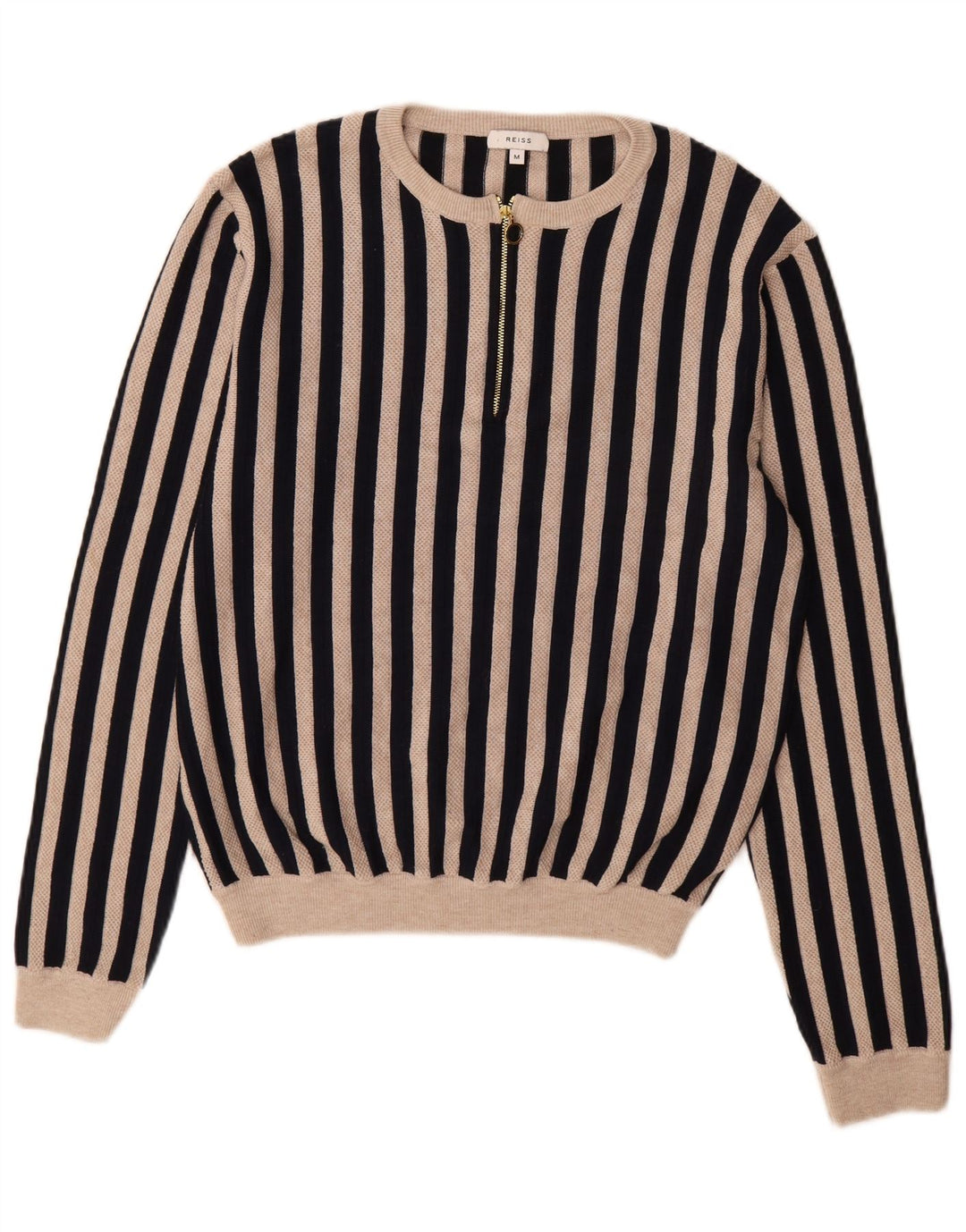 Reiss Dame Zip Neck Jumper Sweater UK 14 Medium Sort Stribet Polyester