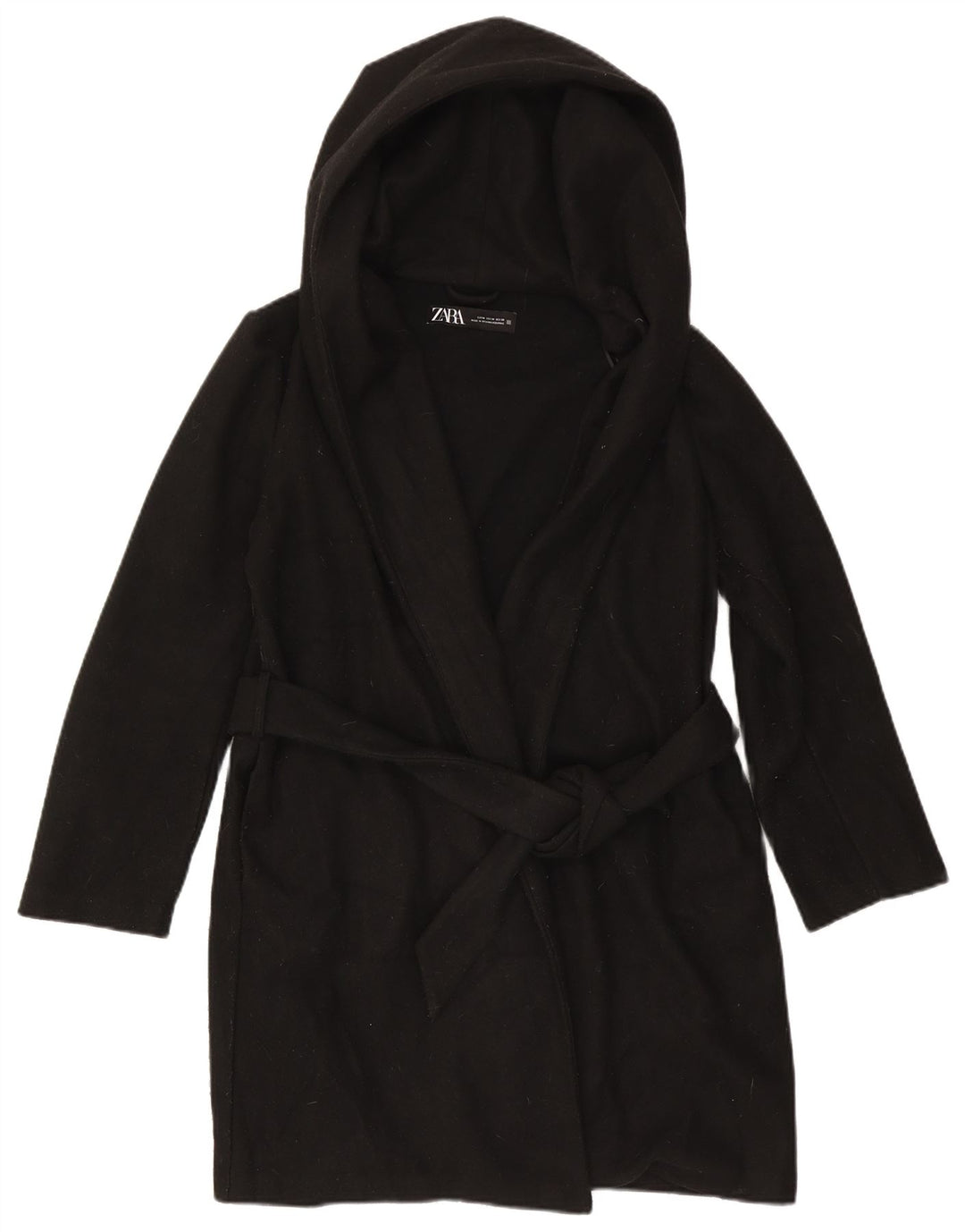 Zara Dame Hætte Overfrakke UK 14 Medium Sort Polyester