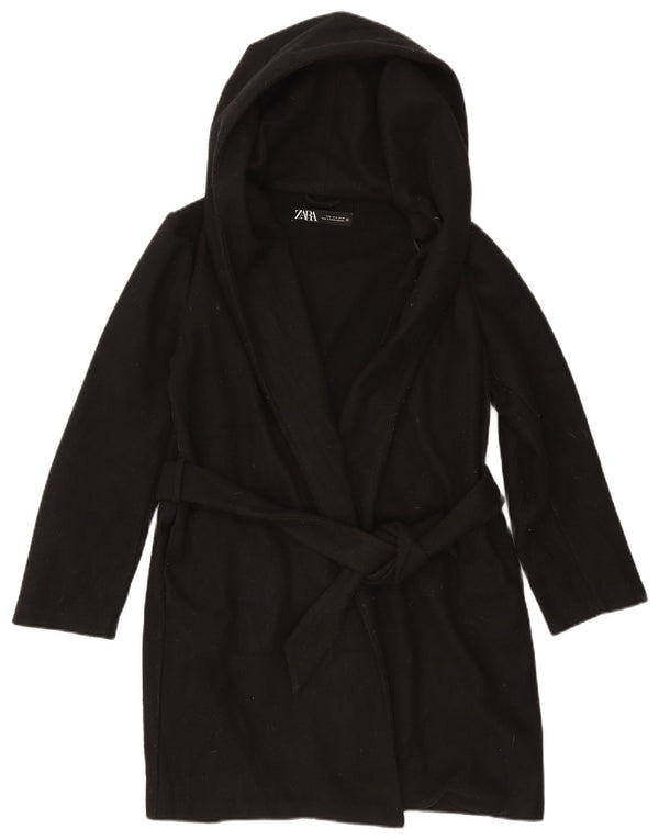 Zara Dame Hætte Overfrakke UK 14 Medium Sort Polyester