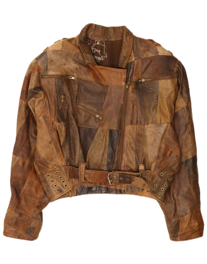 Vintage dame bomber læderjakke UK 16 Large Brown Patchwork