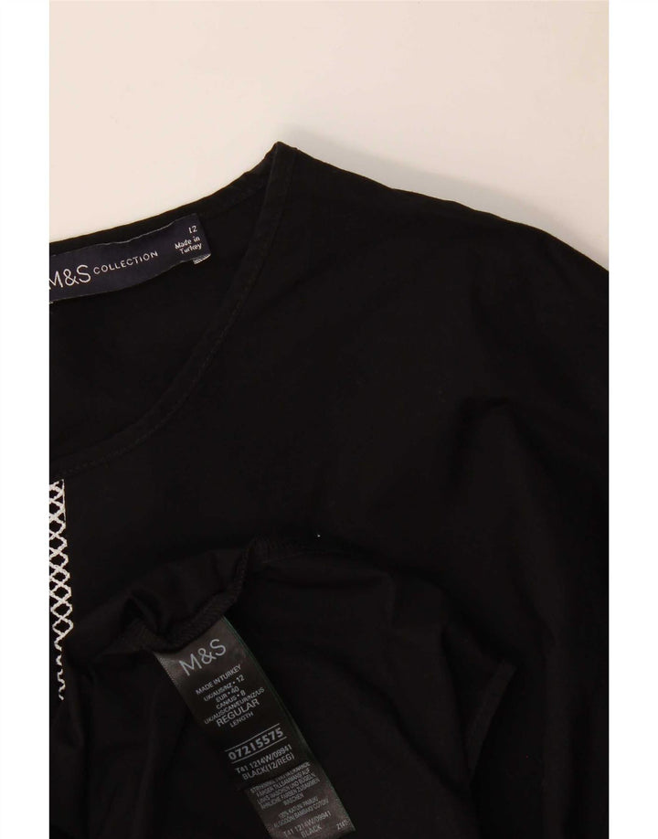 Marks & Spencer Dame Langærmet Bluse Top UK 12 Medium Sort Bomuld