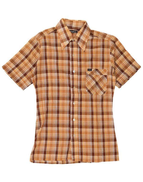 Vintage kortærmet herreskjorte lille brun ternet polyester
