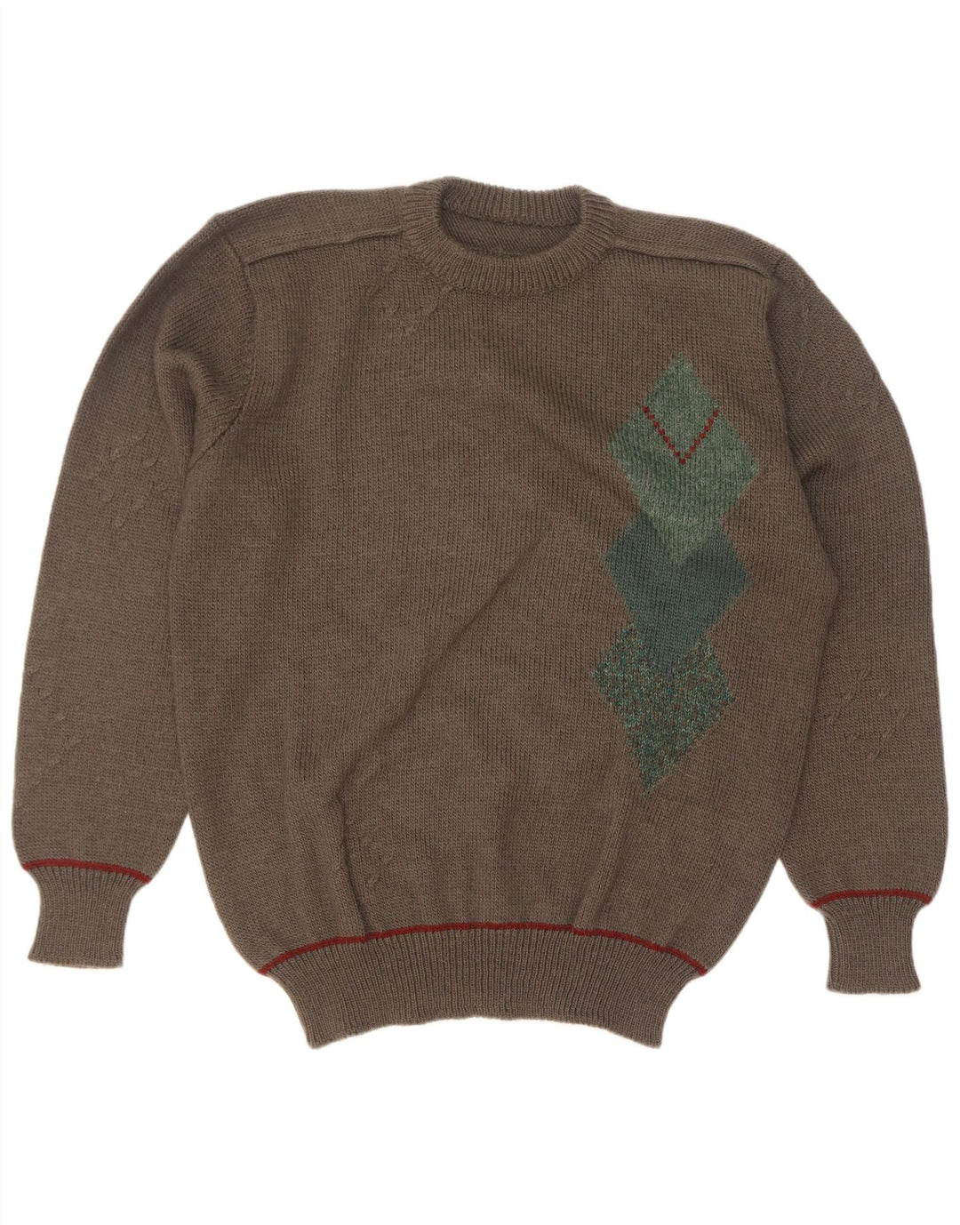 Vintage Herre Crew Neck Jumper Sweater Large Khaki Argyle/Diamond