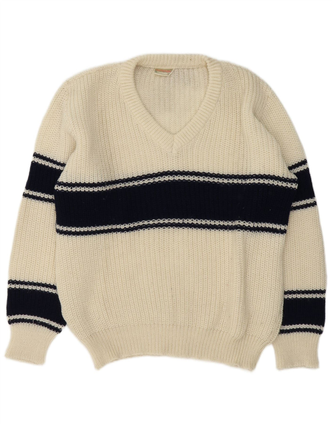 Vintage herre V-hals sweater stor hvid farveblok