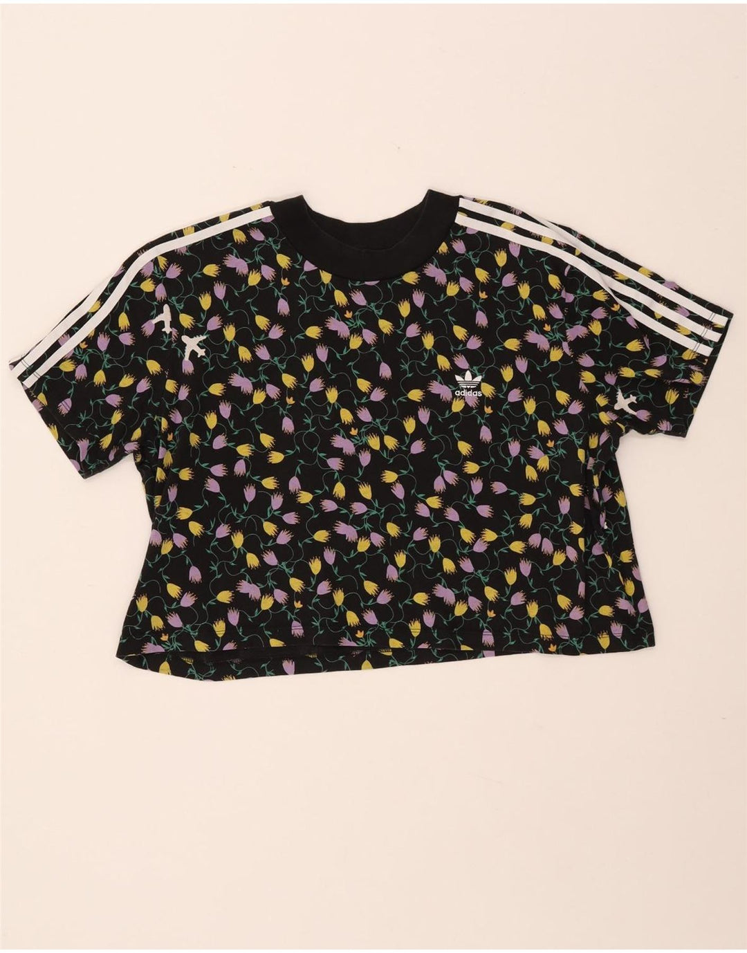 ADIDAS Dame Crop Grafisk T-Shirt Top UK 18 XL Sort Blomster Bomuld