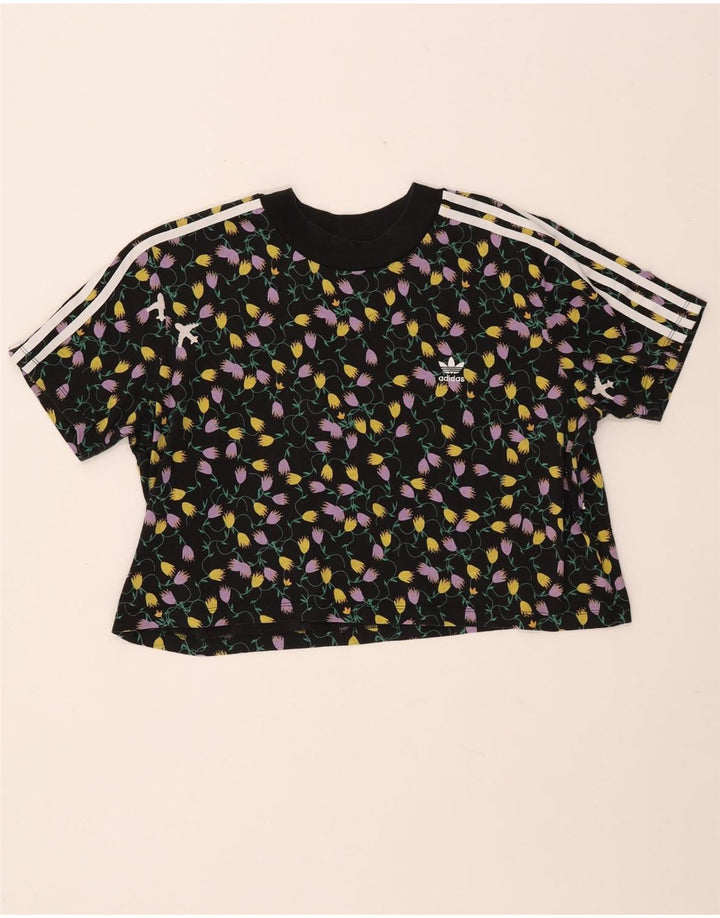 ADIDAS Dame Crop Grafisk T-Shirt Top UK 18 XL Sort Blomster Bomuld
