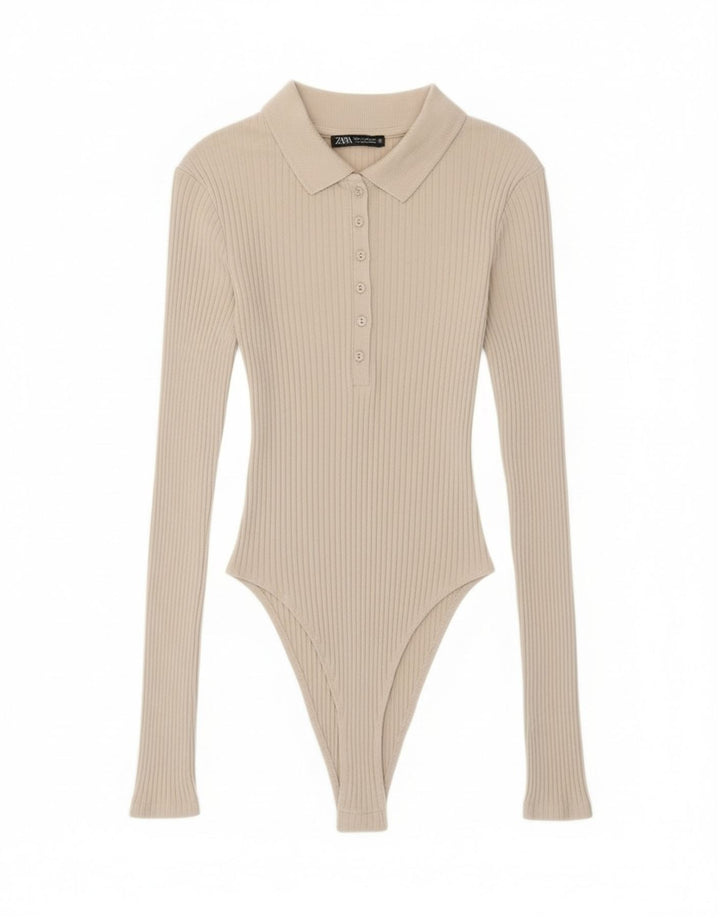 Zara langærmet bodysuit til kvinder UK 8 Lille beige bomuld