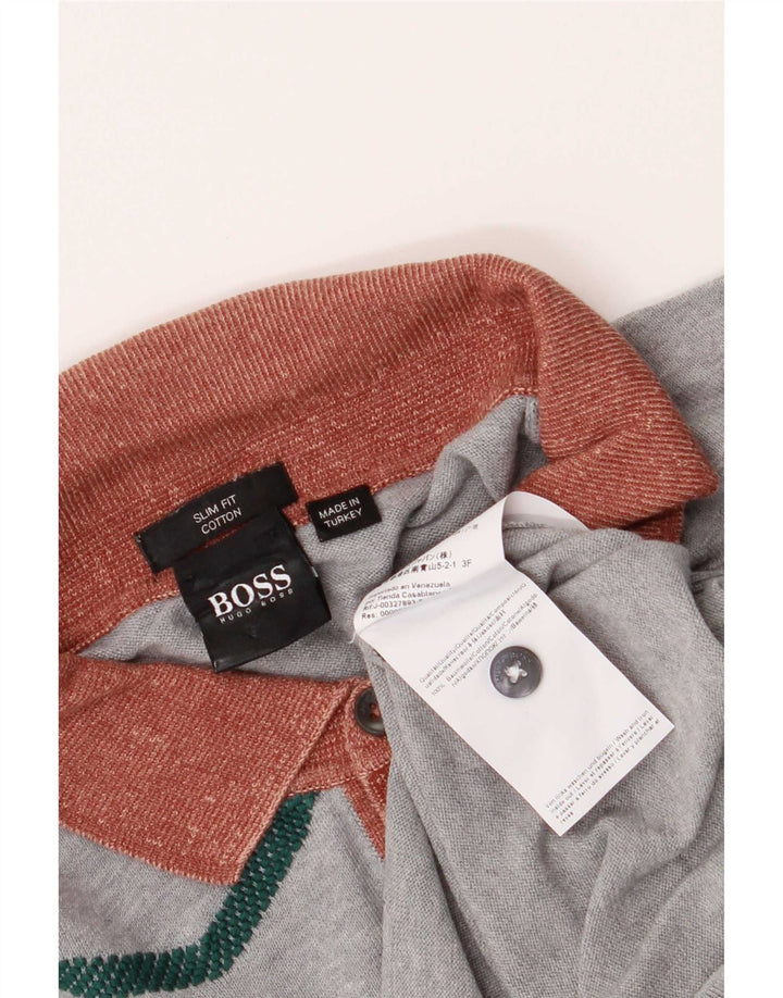 Hugo Boss Herre Kortærmet Polo Neck Jumper Sweater Medium Grå Chevron