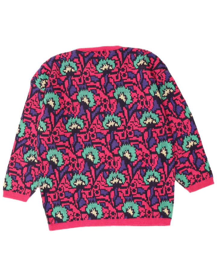 VINTAGE kvinders abstrakt mønster rund hals sweater UK 16 Large Pink