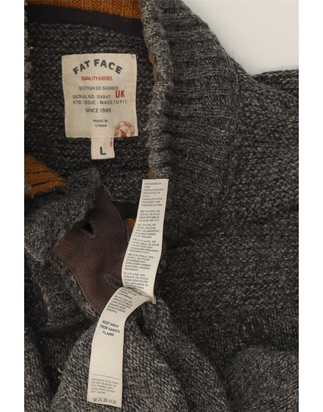 Fat Face Herre Button Neck Jumper Sweater Stor Grå Flecked Uld