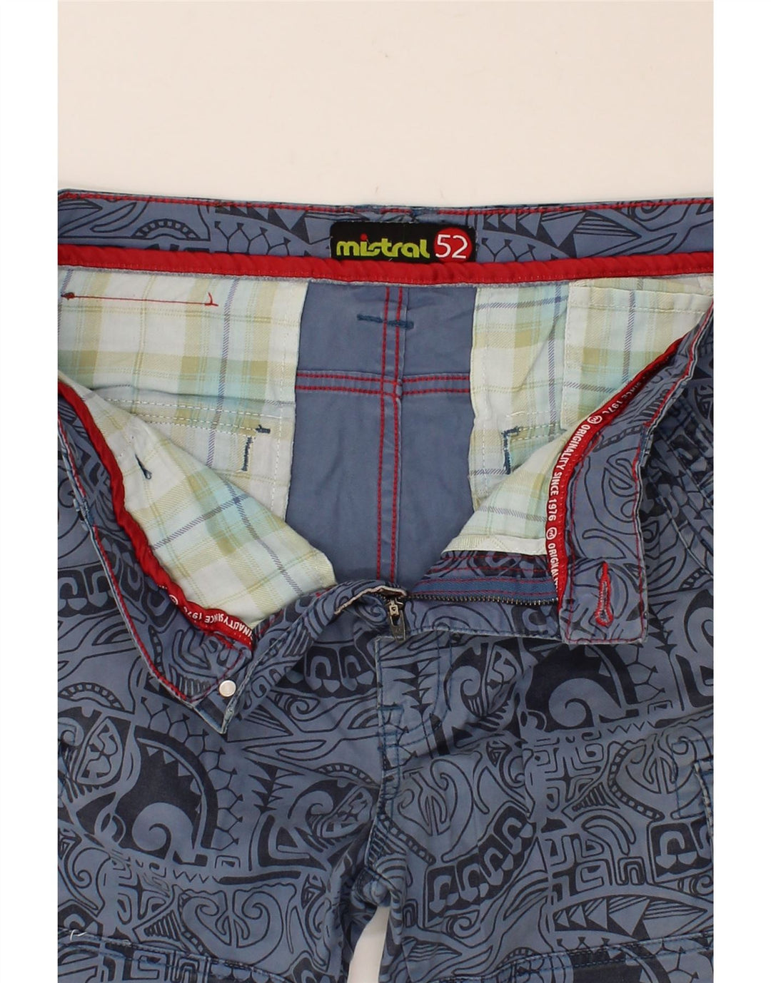 MISTRAL Mens Abstract Pattern Cargo Shorts IT 52 XL W38 Blue Cotton Vintage Mistral and Second-Hand Mistral from Messina Hembry 