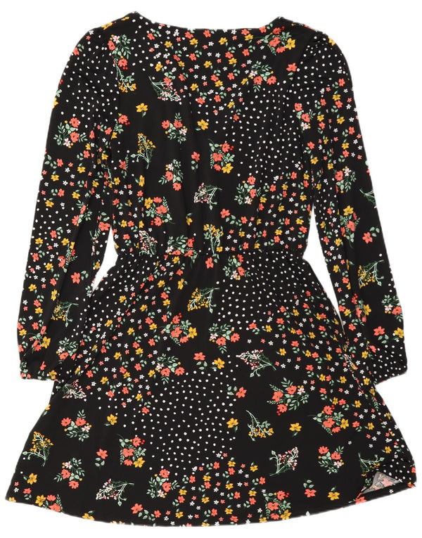 Oasis Dame Langærmet A-Line Kjole UK 6 XS Sort Floral Polyester
