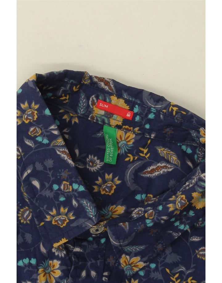 BENETTON Herre Slim Shirt Medium Navy Blue Floral