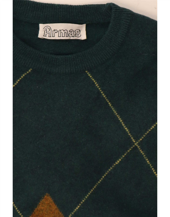 Vintage Herre Crew Neck Jumper Sweater Medium Green Argyle/Diamond
