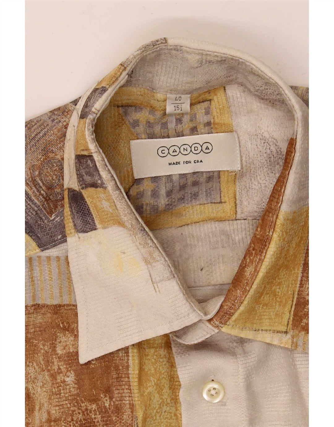C&A Herre Canda kortærmet skjorte str. 40 15 1/2 Medium Off White Geometrisk