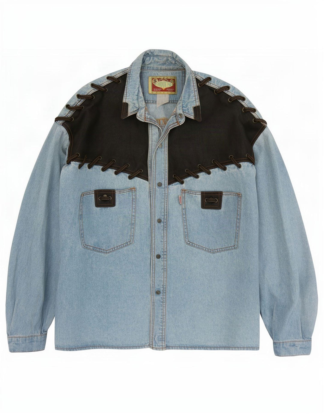Vintage denimskjorte til mænd, stor blå farveblok