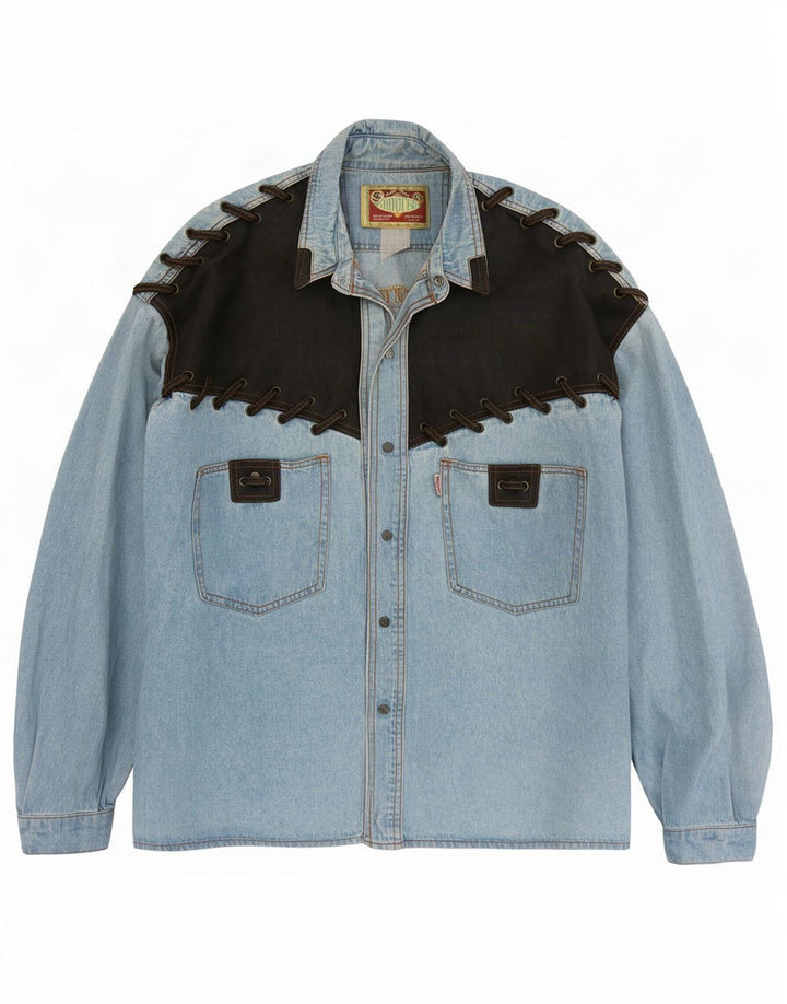Vintage denimskjorte til mænd, stor blå farveblok