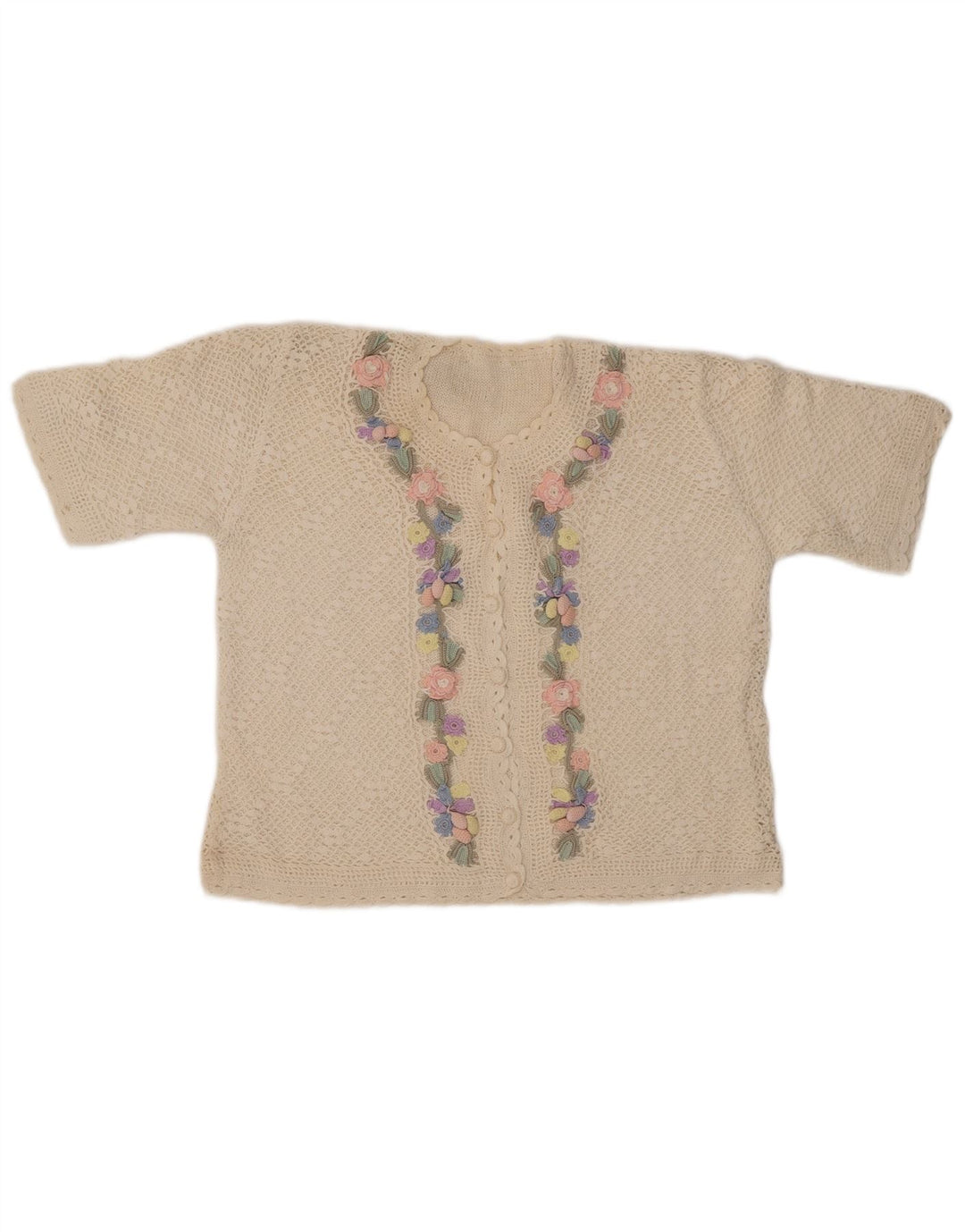 VINTAGE kortærmet cardigantrøje til kvinder UK 14 Medium Off White Floral
